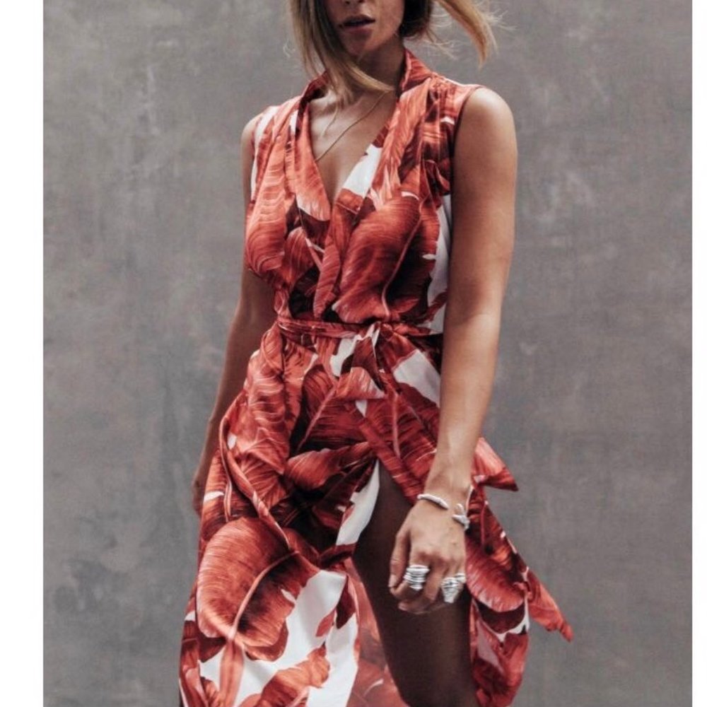 Red Palm Print Sleeveless Wrap Dress